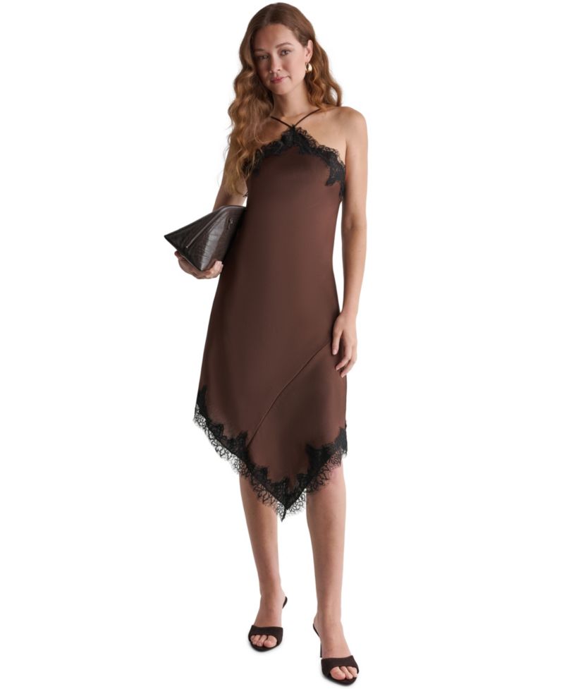 Women's Asymmetrical Halter Lace-Trim Midi Dress
