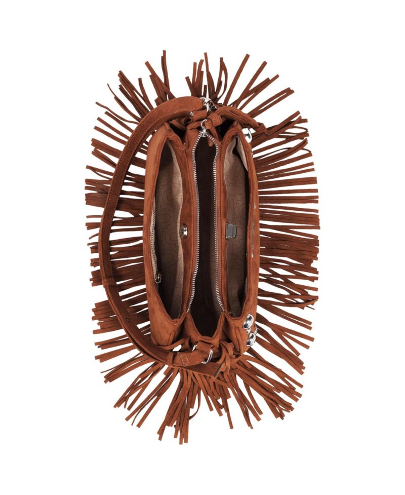 Vintage Dangle Fringe Hobo Bag with Studded Trim and Charm Accents