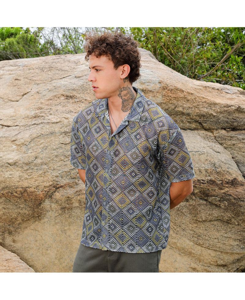Men's Lapis Blue & Yellow Ochre Geometric Block Oversized Shirt