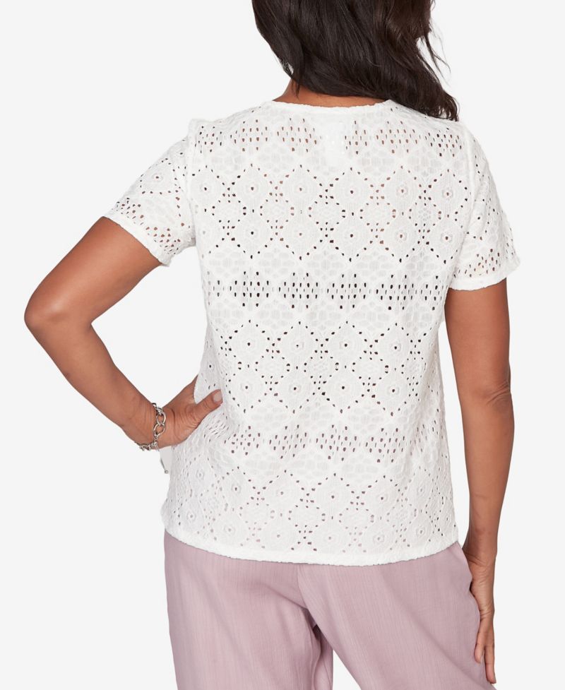 Petite Vintage Charm Solid Eyelet Split Beaded Neck T-Shirt