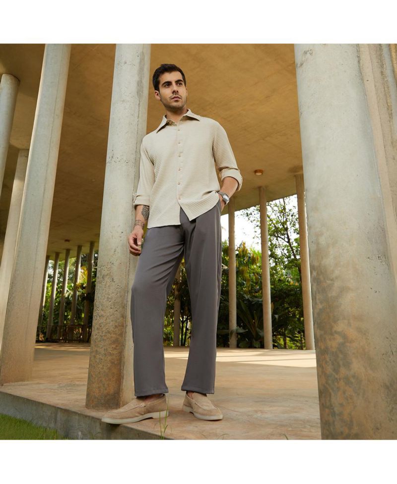 Men's Charcoal Black Straight Pleated Trousers