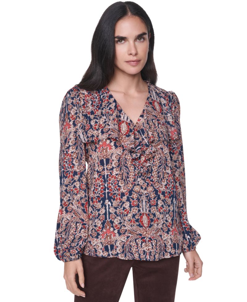 Women's Long-Sleeve Floral-Print Ruffle-Trim V-Neck Blouse