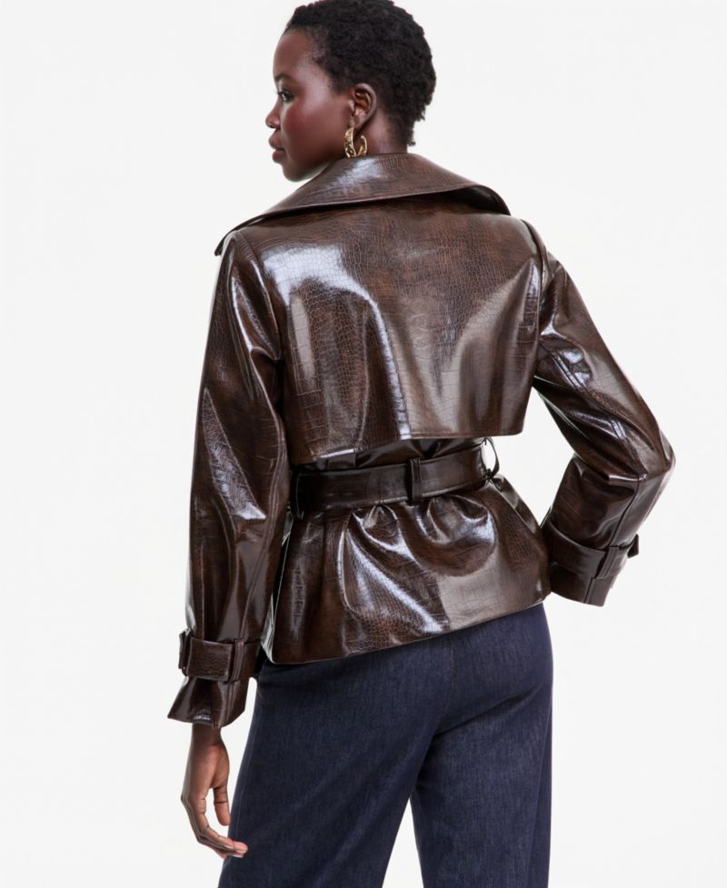 Women's Crocodile-Embossed Belted Faux Leather Jacket