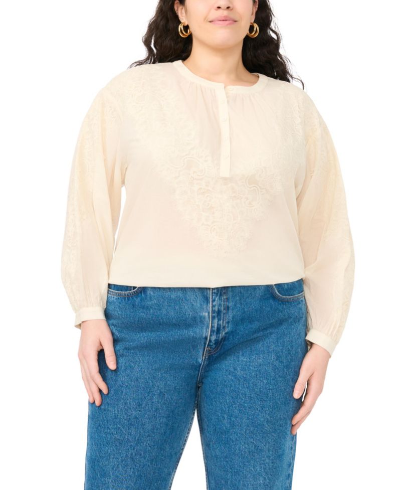 Plus Size Lace Detail Crewneck Blouse