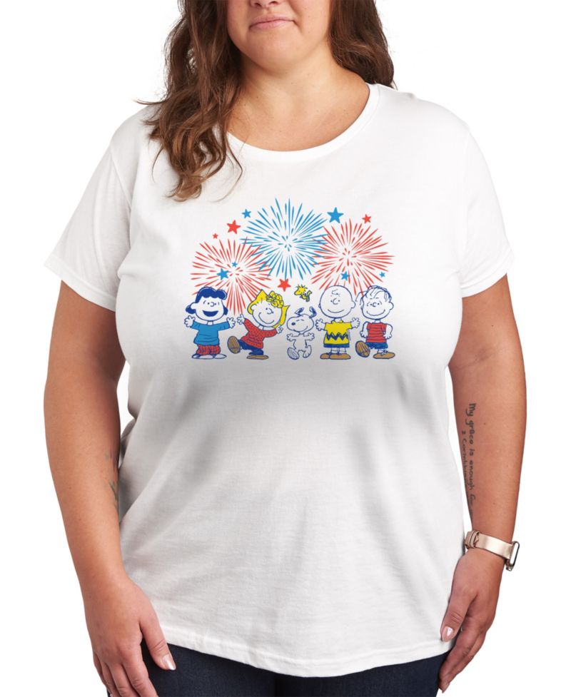 Trendy Plus Size Peanuts 4th of July Fireworks Graphic Crew Neck T-Shirt
