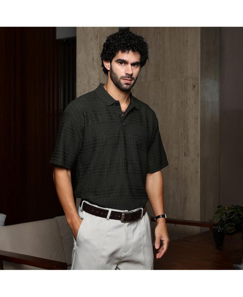 Men's Midnight Black Bohomian Oversized Polo T-Shirt