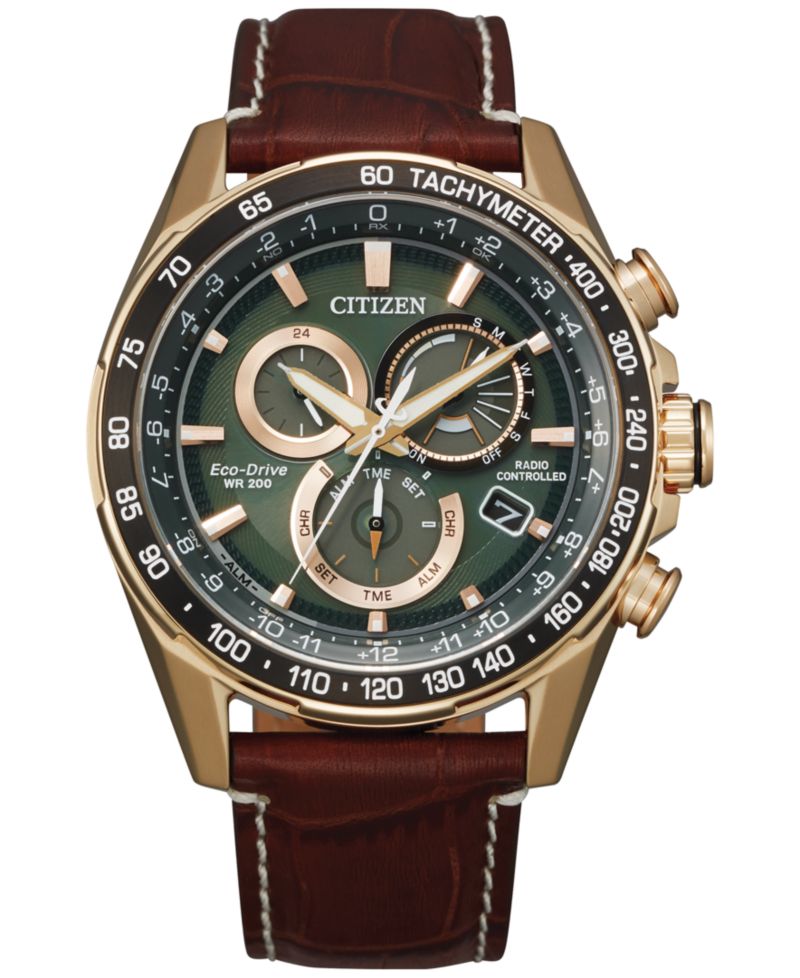 Eco-Drive Men's Chronograph PCAT Brown Leather Strap Watch 43mm