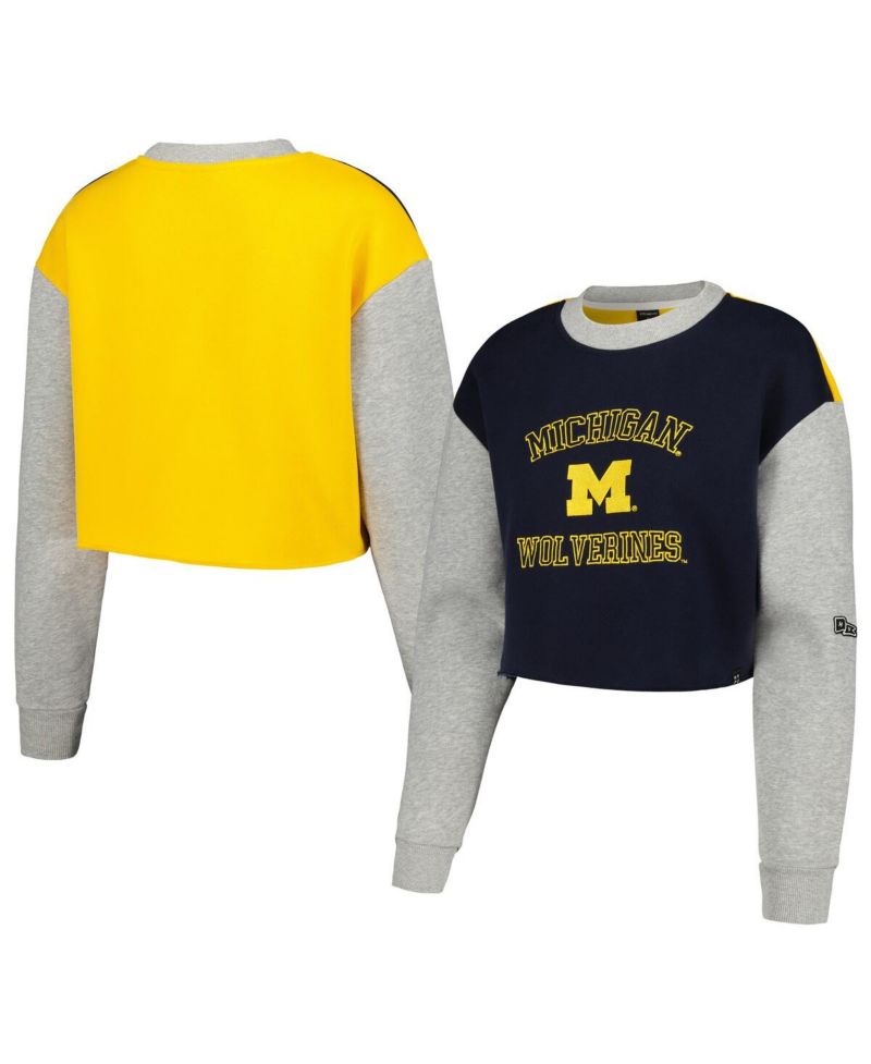 Women's Navy Michigan Wolverines Colorblock Rookie Crew Pullover Sweatshirt