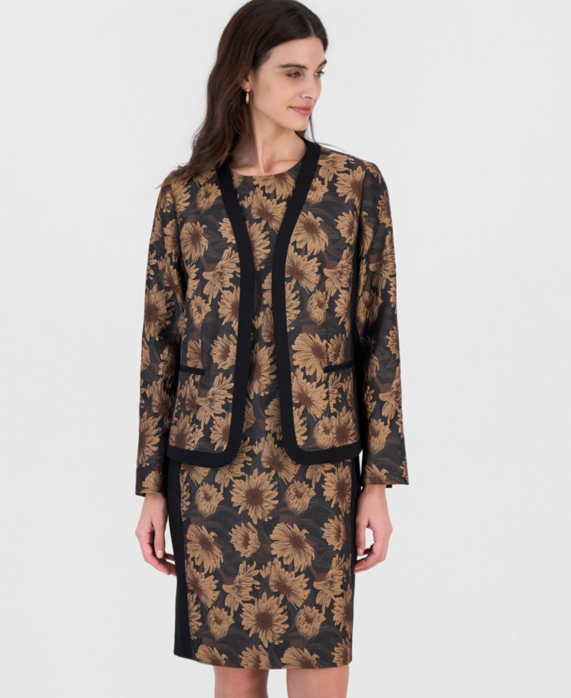 Women's Collarless Shoulder-Padded Floral Cardigan