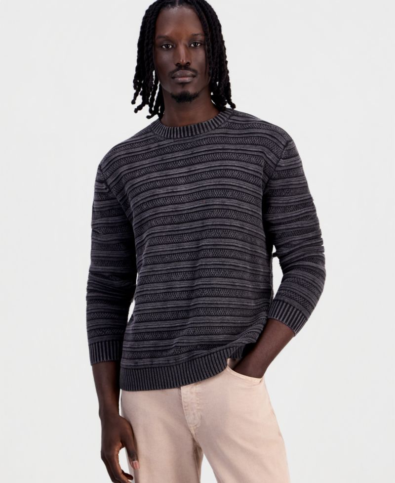 Men's Acid-Washed Textured Stripe Long-Sleeve Sweater
