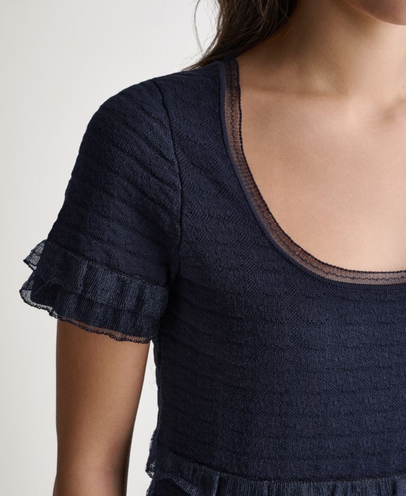Women's Pointelle Ruffle Short-Sleeve Sweater