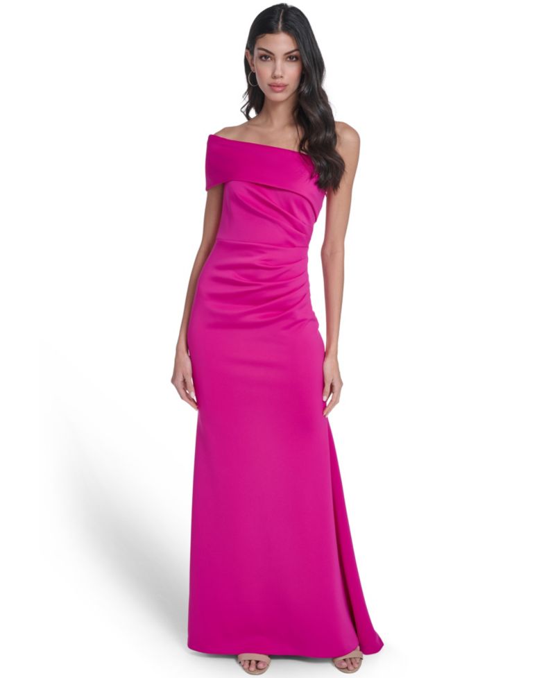Women's Asymmetric-Neck Side-Pleat Scuba Gown