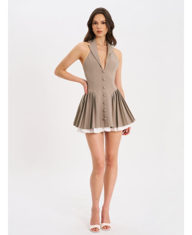 Women's Hazel Brown Preppy Halter Neck Pleated Mini Dress
