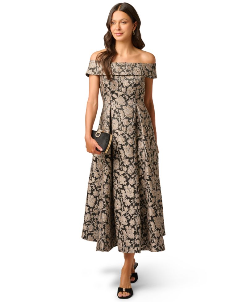 Women's Off-the-Shoulder Floral-Print Jacquard Midi Dress