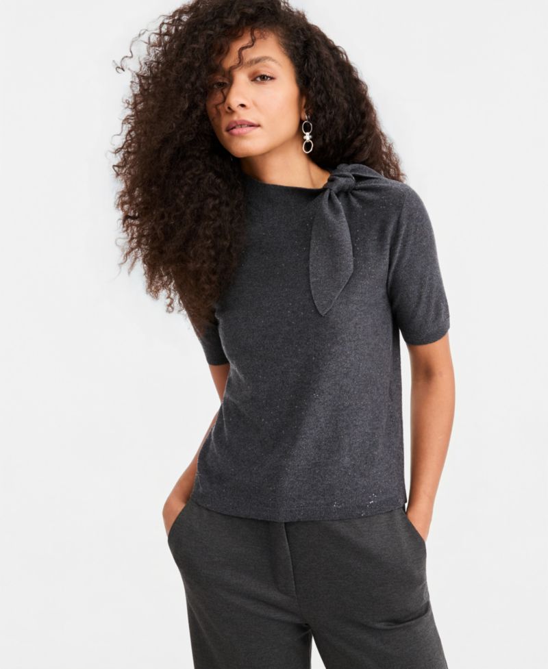 Women's Emmmaggio Mock Neck Short-Sleeve Sequin-Embellished Sweater