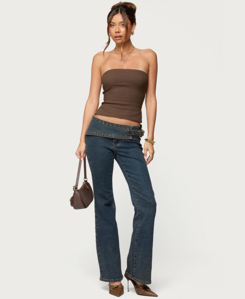 Women's Asymmetric Grommet Belt Low Rise Flared Jeans