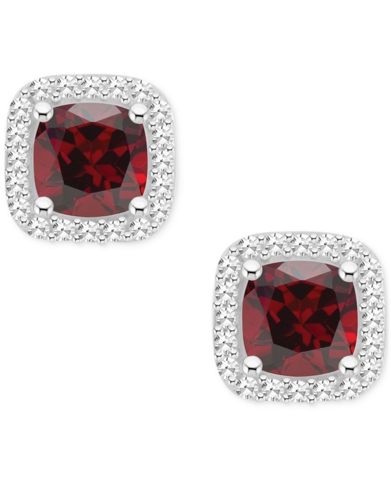 Amethyst (1 ct. t.w.) & Diamond (1/5 ct. t.w.) Cushion Halo Stud Earrings in Sterling Silver (Also in Citrine, Garnet, Peridot, & Blue Topaz)