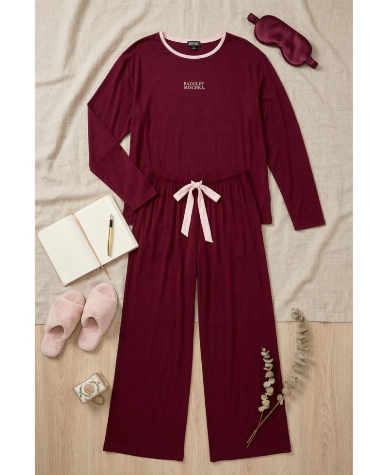 Women's Yummy Jersey Crew Neck Print Top and Wide Leg Pants Set