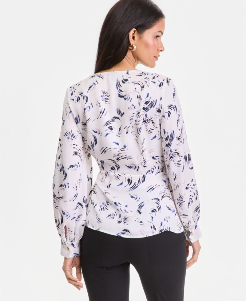 Women's Printed Blouson-Sleeve Wrap Blouse