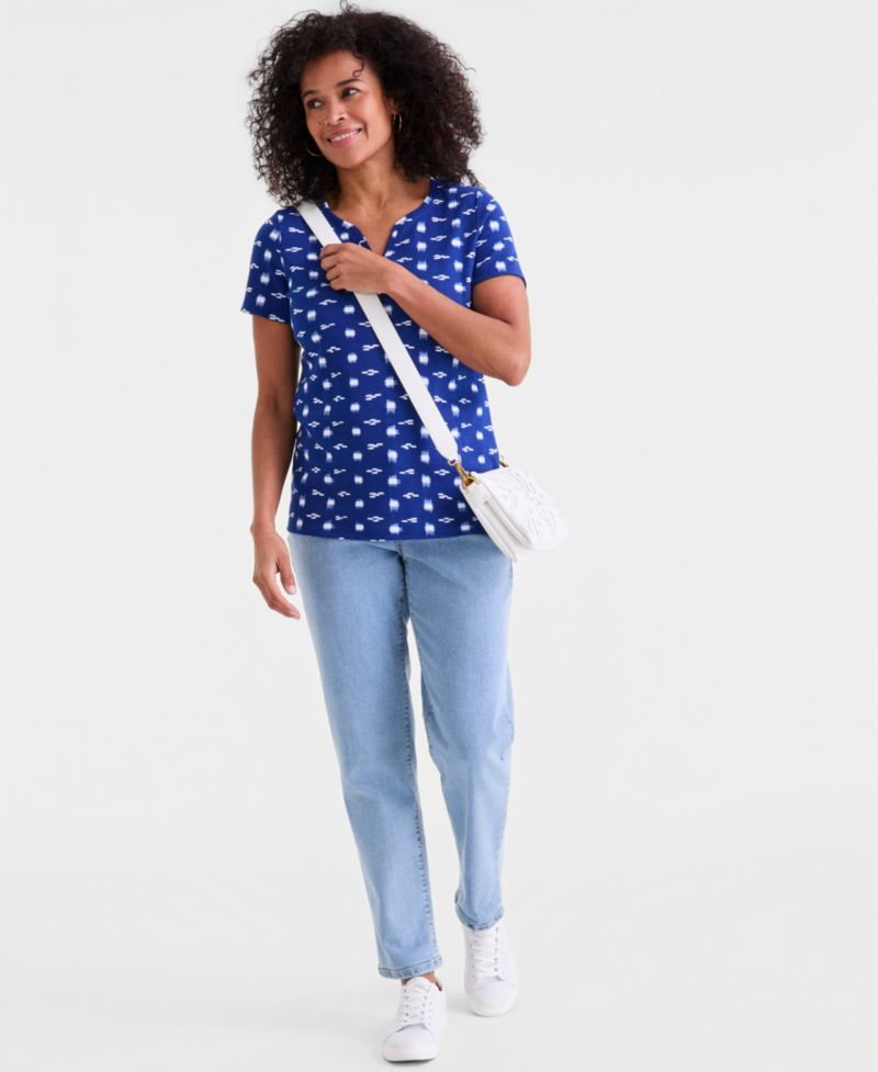 Women's Printed Short-Sleeve Henley Top, Exclusively at Macy's