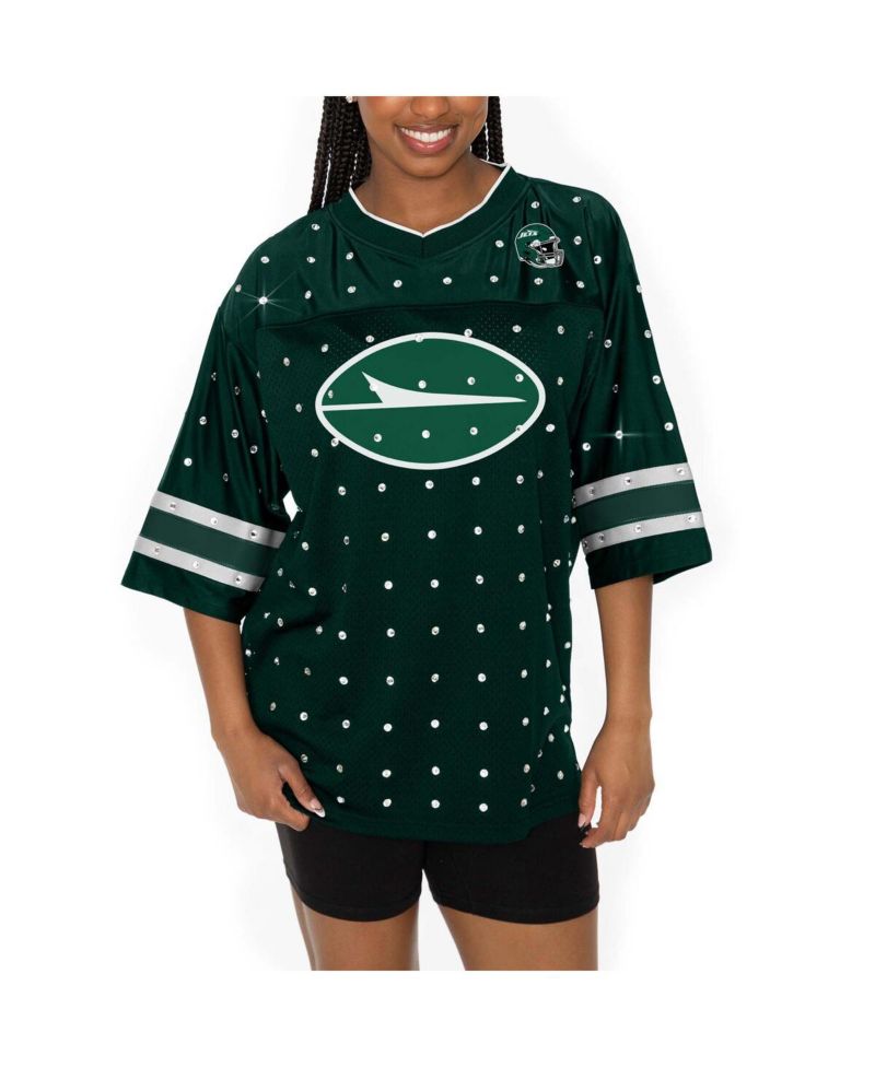 Women's Green New York Jets Kickoff Time Allover Rhinestone Sports Stripe Jersey V-Neck T-Shirt