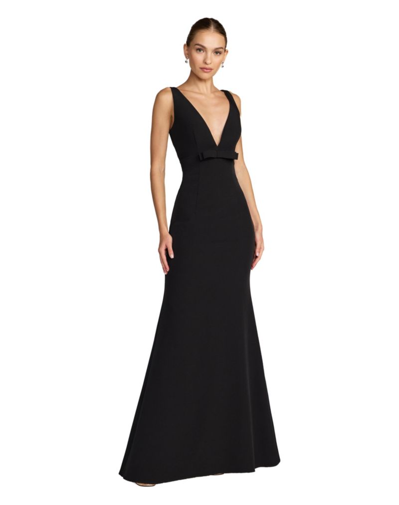 Petite Crepe Sleeveless V Neck Sheath Gown With Bow