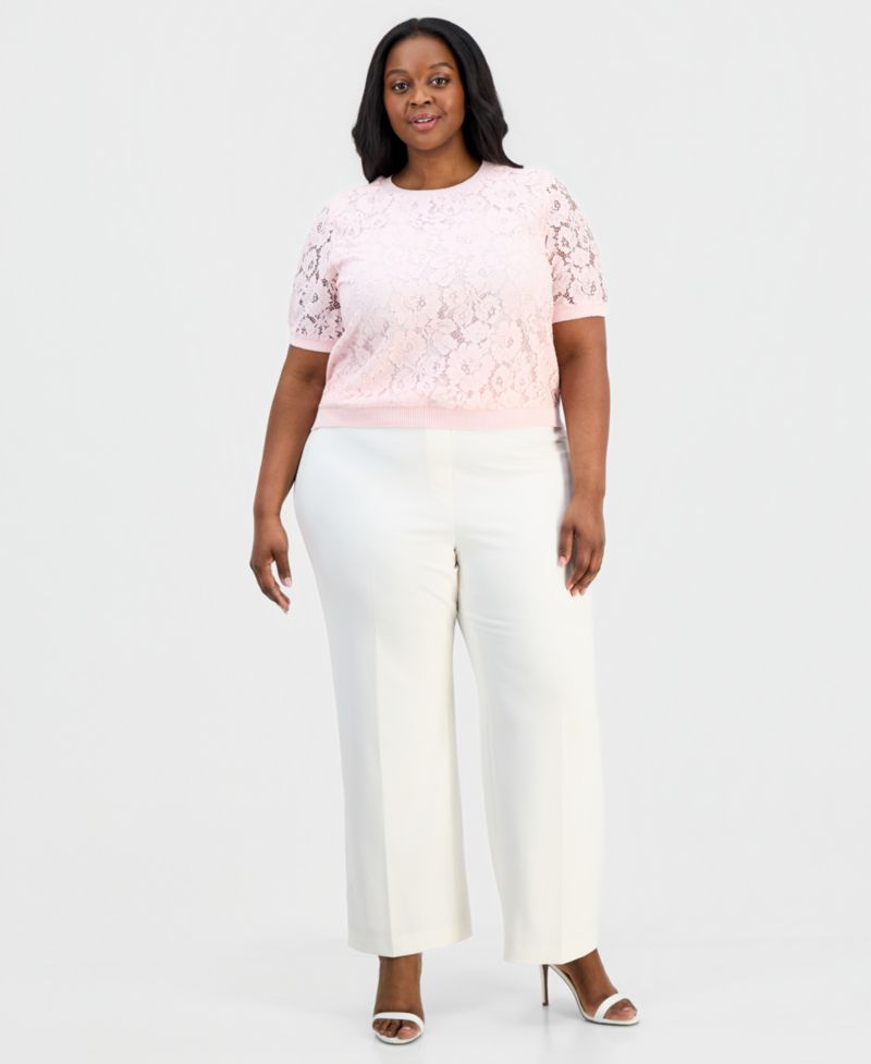 ASL Plus Size Lace-Front Short-Sleeve Sweater