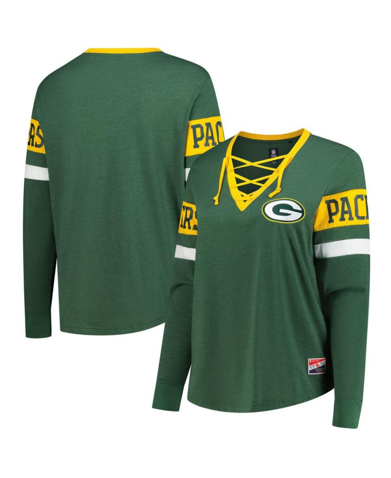 Women's Green Bay Packers Plus Size Throwback Lace-Up Long Sleeve T-Shirt