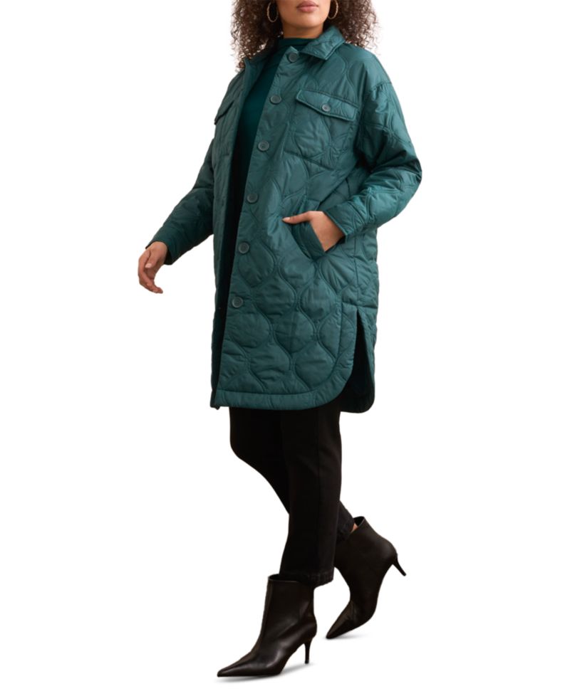 Women's Long Quilted Button-Up Jacket With Pockets