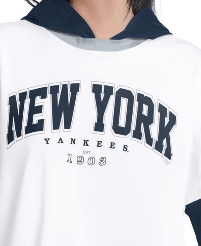 Women's White/Navy New York Yankees Key Player Oversized Hooded Long Sleeve T-Shirt