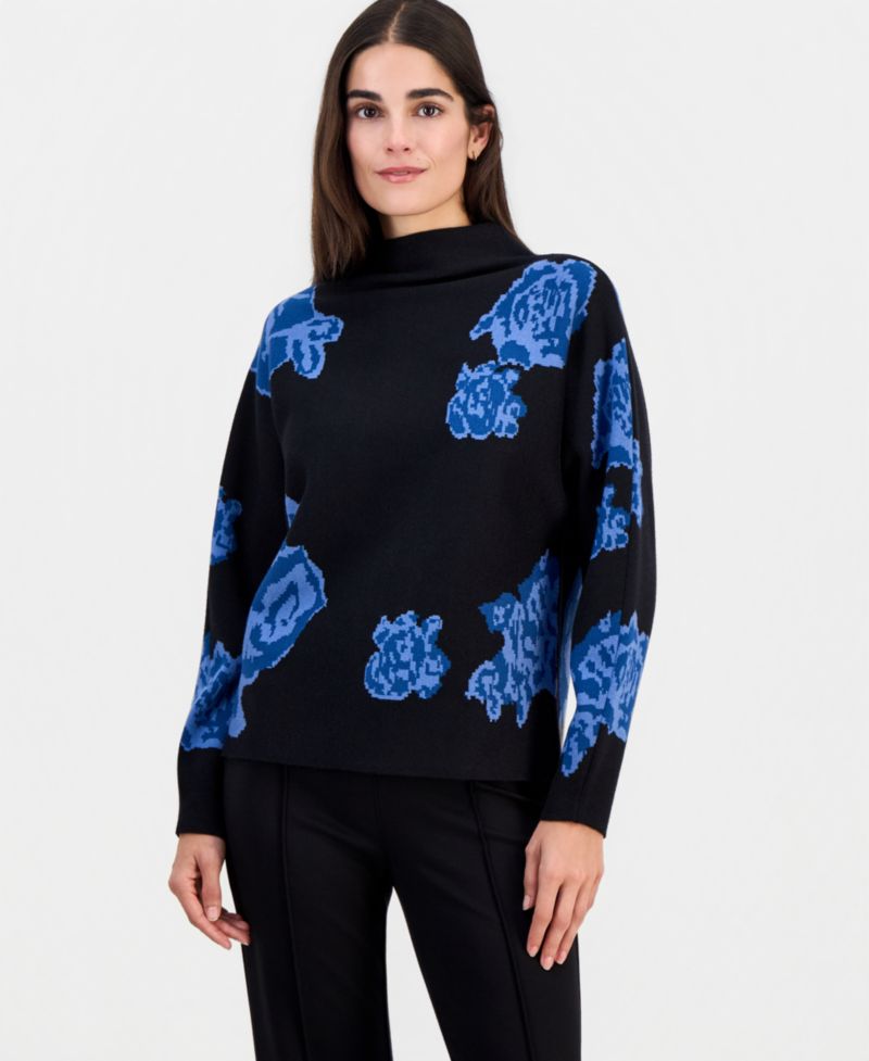 Women's Floral Jacquard Funnel-Neck Dolman-Sleeve Sweater