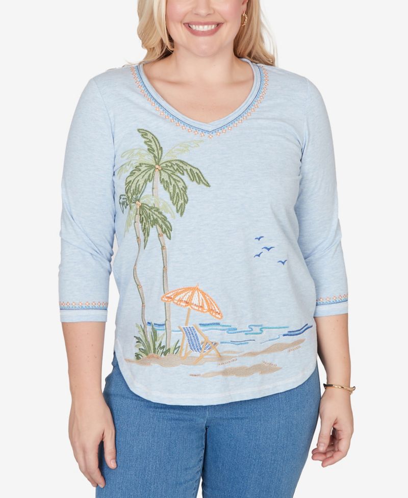 Petite Beachcomber Scenic Palm Tree Embroidered Top