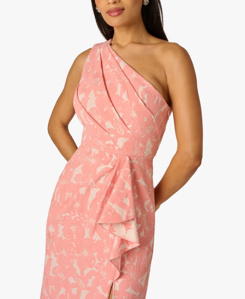 Petite One-Shoulder Floral Jacquard Draped Gown