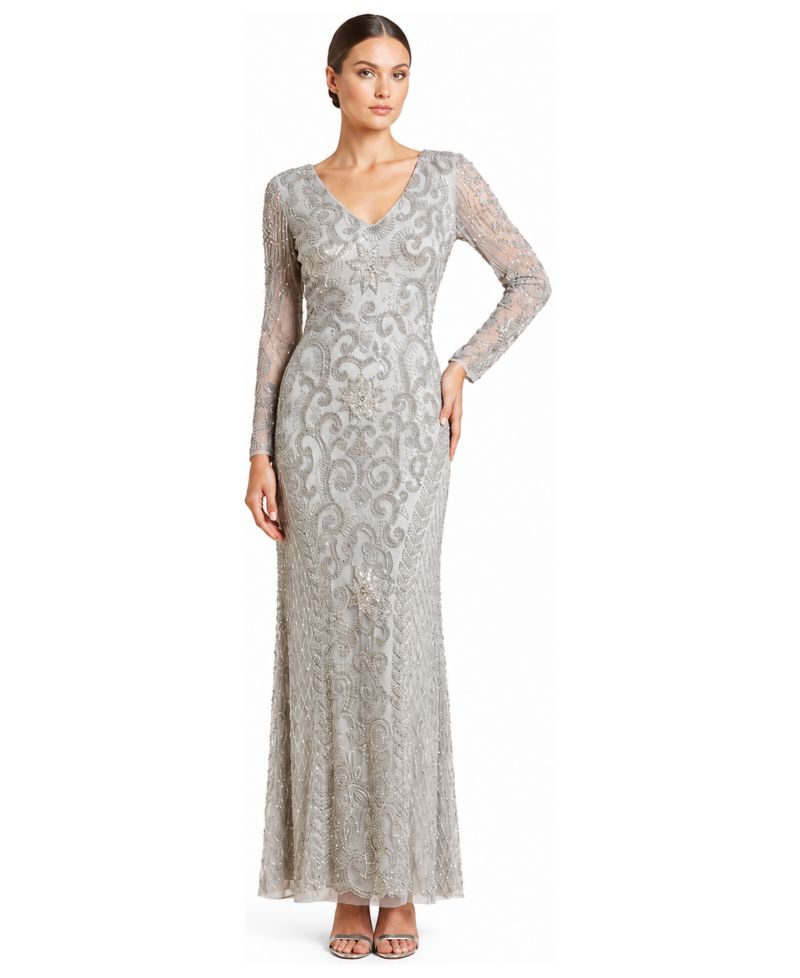 Women's Beaded Long-Sleeve V-Neck Gown