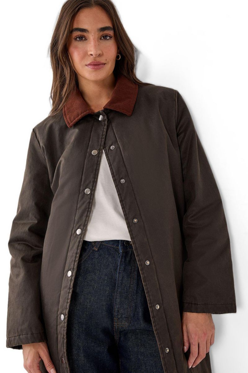 Women's Longline Cord Collar Wax Effect Coat