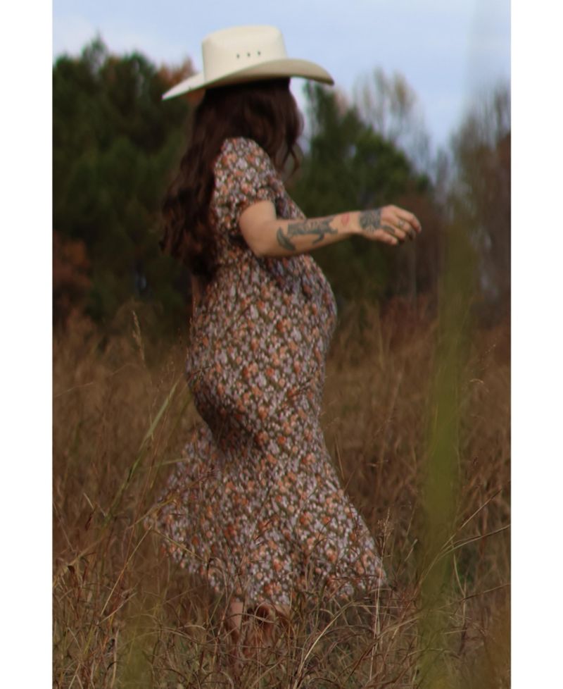 Women's Pink Floral Smocked Puff Sleeve Midi Dress