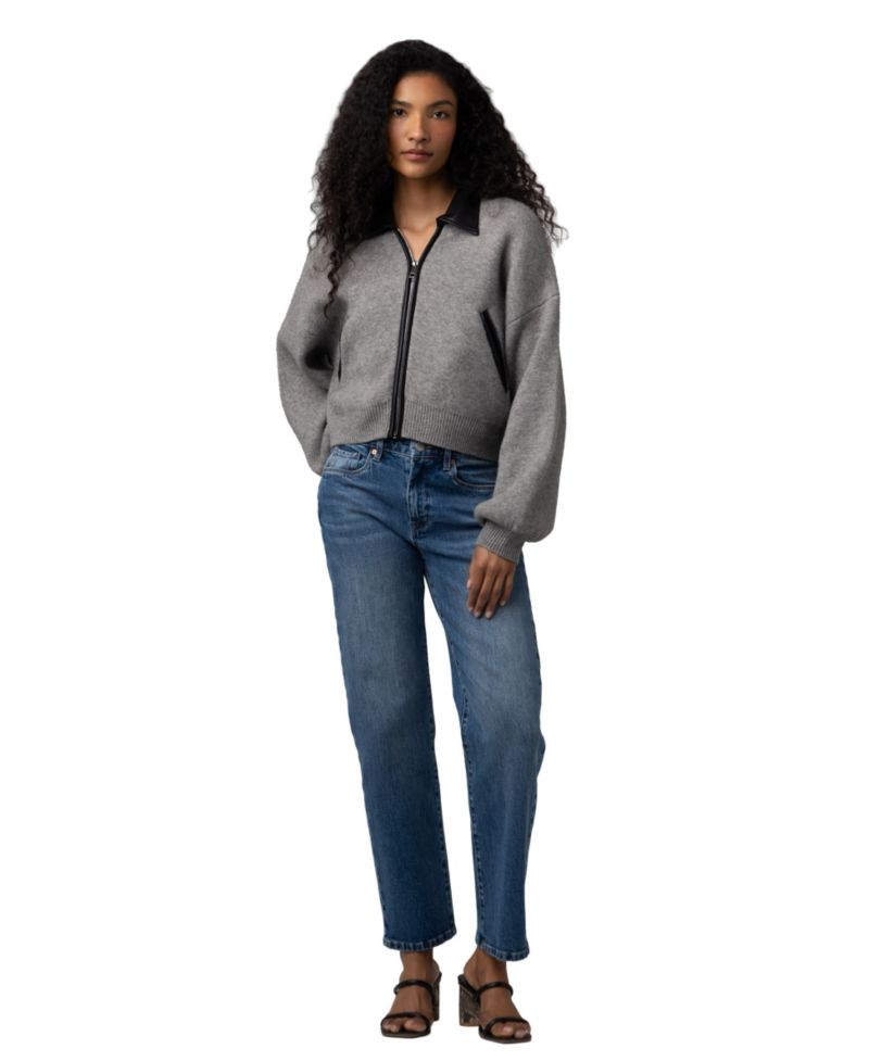 Women's Cropped Full Zip Faux Leather Trim Cardigan Sweater