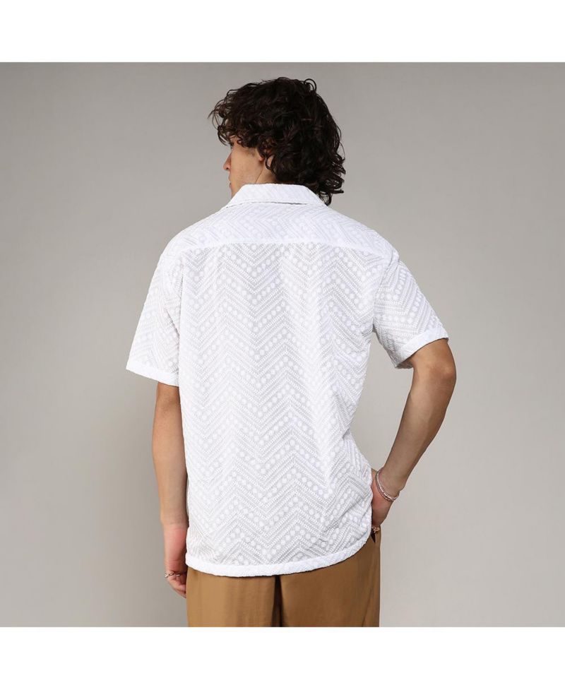 Men's Chalk White Embroidered Zig-Zag Shirt
