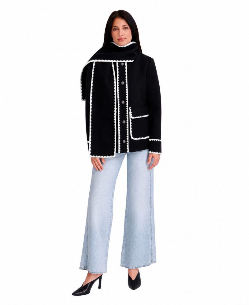 Women's Faux Wool Jacket With Wipstich Detail And Scarf