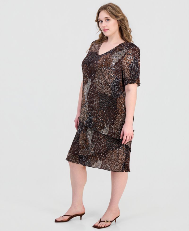 Plus Size Printed Pleated Asymmetric Tiered Sheath Dress