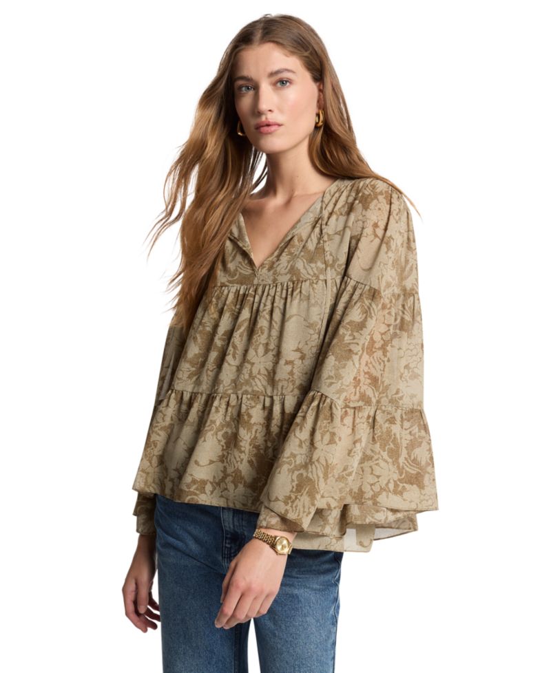 Women's Long-Sleeve Tie-Neck Floral Blouse
