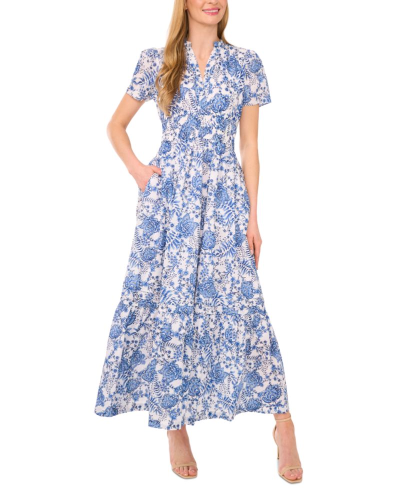 Women's Floral V-Neck Short-Sleeve Maxi Dress