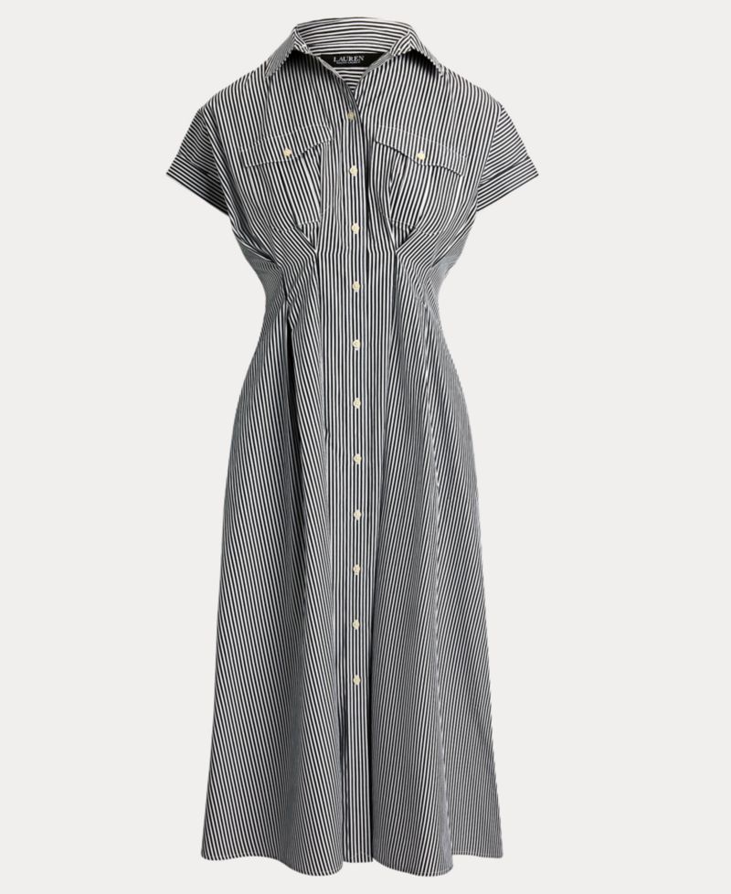 Women's Striped Pleated Broadcloth Shirt Dress