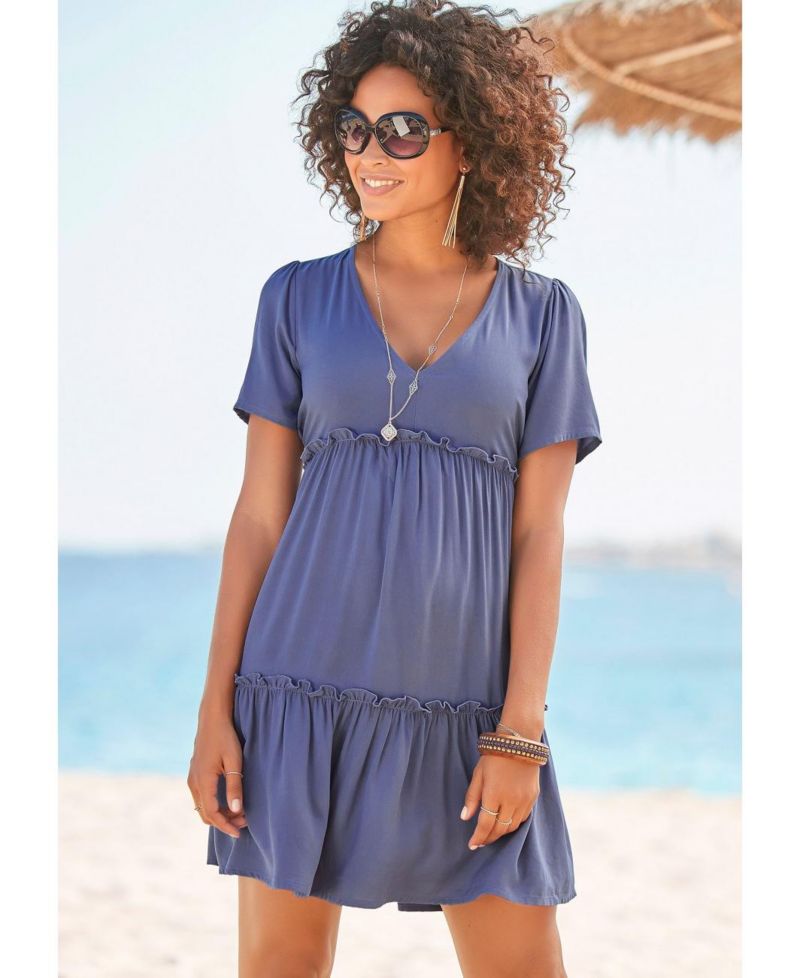 Women's Viscose Printed Ruffle Everyday Comfort V-Neck Short Dress