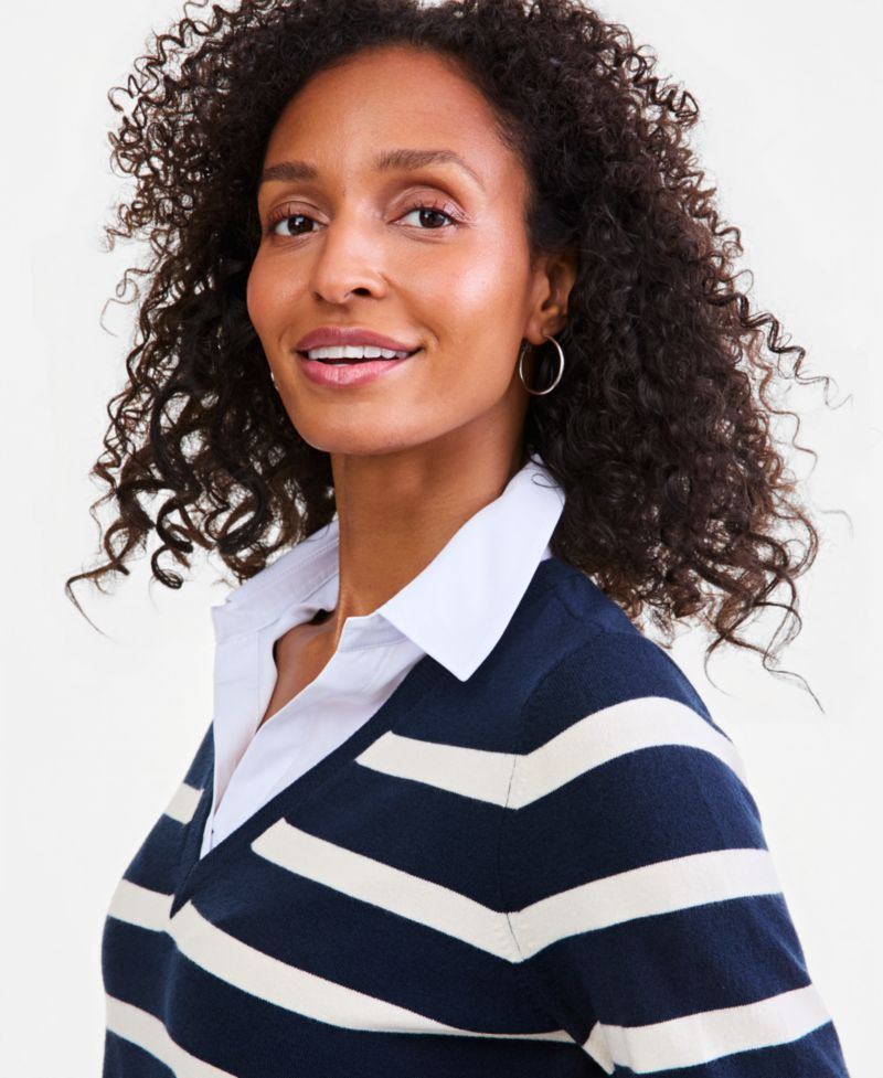 Petite Two-Fer Striped V-Neck Sweater