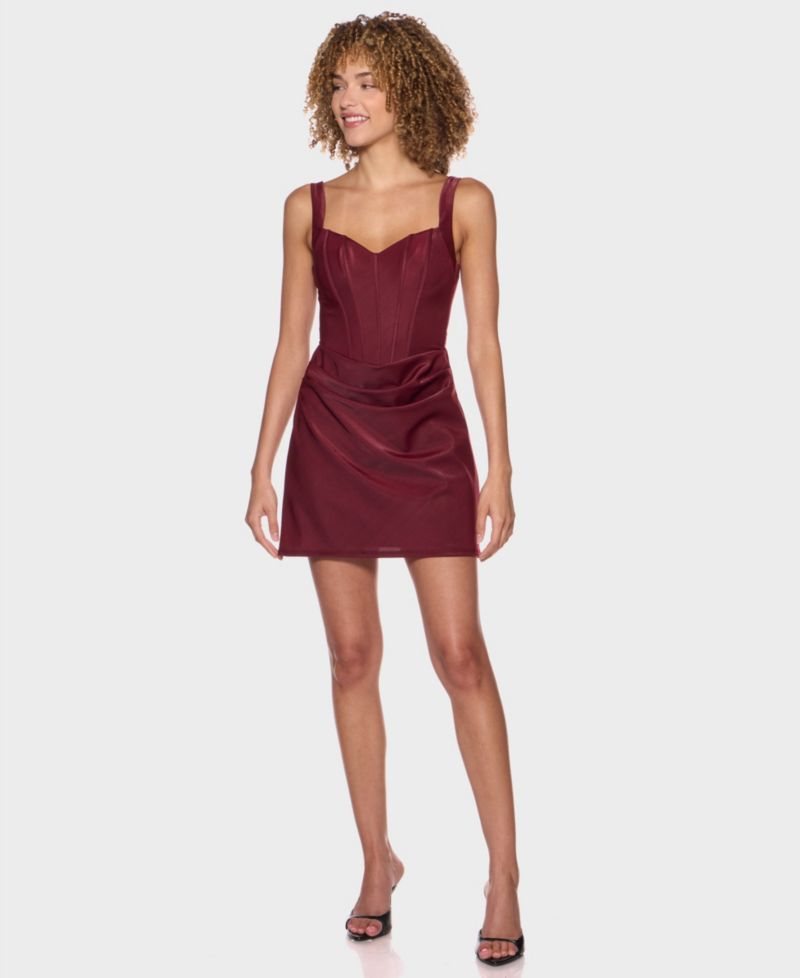 Juniors' Sweetheart-Neckline Corset-Bodice Draped-Skirt Dress