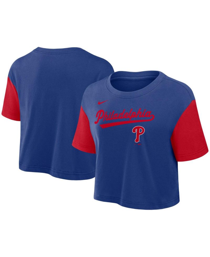 Women's Royal/Red Philadelphia Phillies Script Cropped Performance T-Shirt