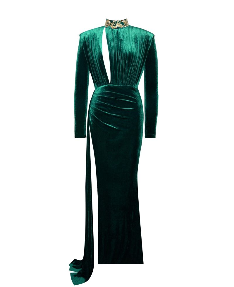 Women Zenaida Emerald Green Cutout High Slit Velvet Gown