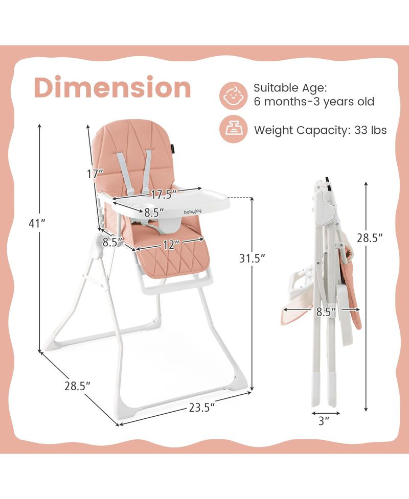 Toddler Foldable High Chair Easy Clean Compact Highchair w/ Removable Adjustable Tray