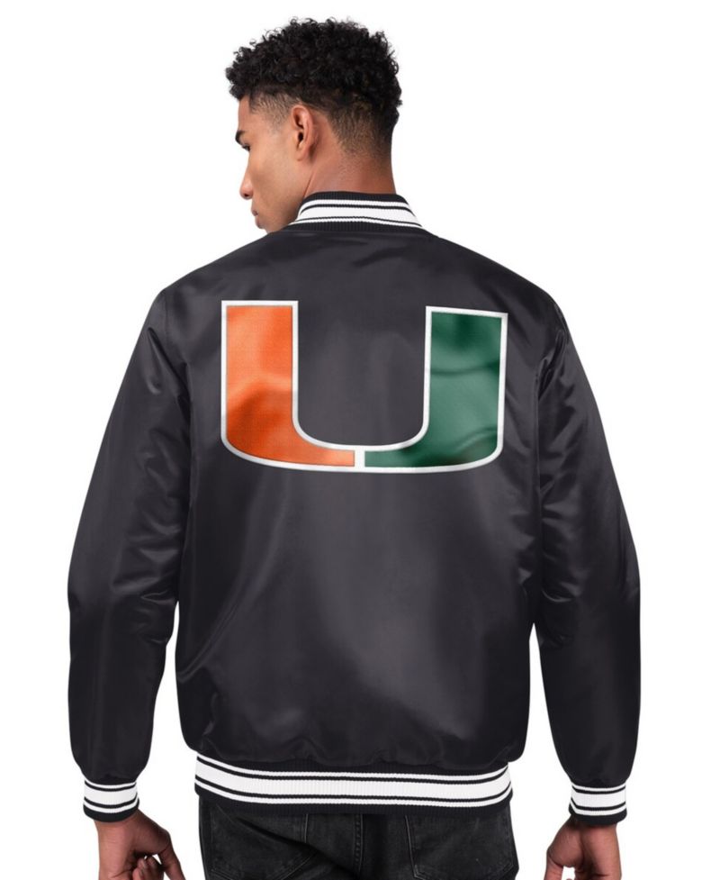 Men's Black Miami Hurricanes Two-Hit Satin Varsity Full-Snap Jacket